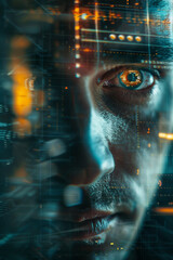 the man's face in a computer screen, in the style of science-fiction dystopias, neurocore