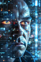 the man's face in a computer screen, in the style of science-fiction dystopias, neurocore