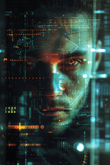 the man's face in a computer screen, in the style of science-fiction dystopias, neurocore
