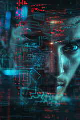 the man's face in a computer screen, in the style of science-fiction dystopias, neurocore