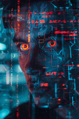 the man's face in a computer screen, in the style of science-fiction dystopias, neurocore