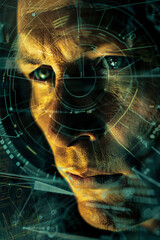 the man's face in a computer screen, in the style of science-fiction dystopias, neurocore