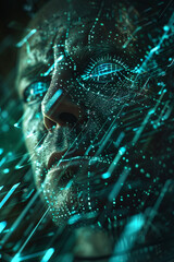 the man's face in a computer screen, in the style of science-fiction dystopias, neurocore