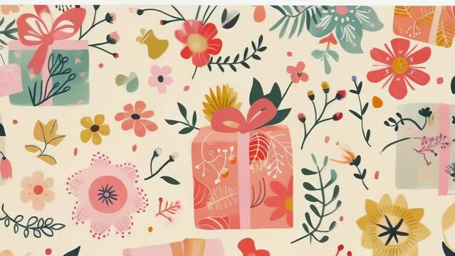 A vibrant pattern of wrapped presents with floral designs and blooming flowers. The image features various pastel colors and intricate details on a light background, creating a festive and cheerful