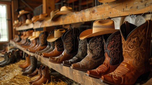 A row of cowboy boots and hats are displayed in a store. The boots are brown and black, and the hats are brown and tan. The store is filled with a rustic, western atmosphere
