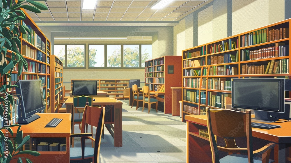 Leinwandbilder a bright and airy student library with rows of bookshelves filled with books and computers for stude