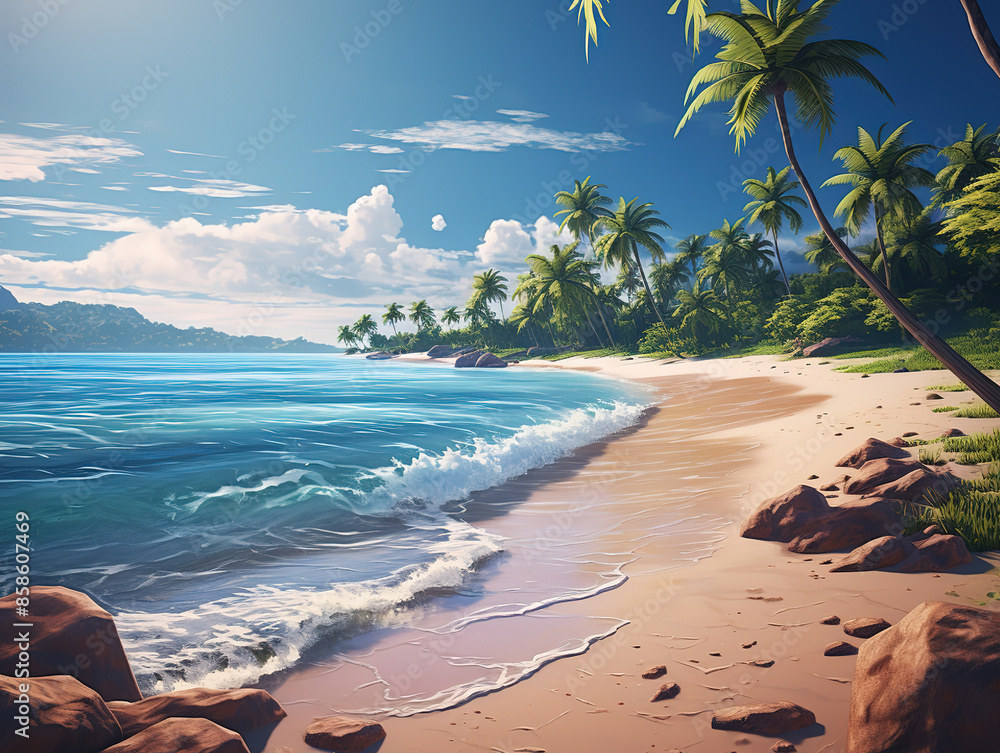 Wall mural a beach scene with palm trees and the words hello summer - Wall murals
