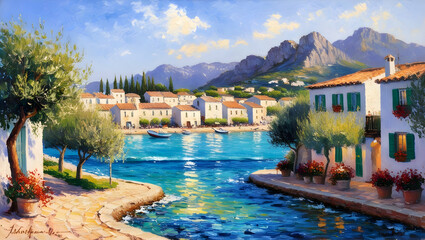 Obraz premium An oil painting of a small town on the Mediterranean Sea, with vibrant blue waters and towering mountains under a clear summer sky