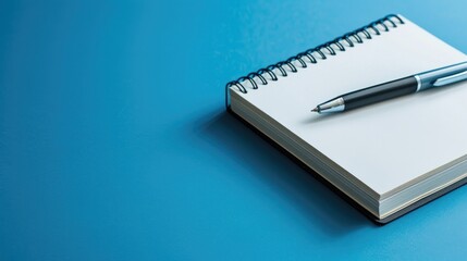 Book notebook and pen placed on a blue surface