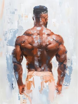Abstract painting of a muscular man from behind, showcasing strength and physical fitness in vibrant colors and expressive brushstrokes.