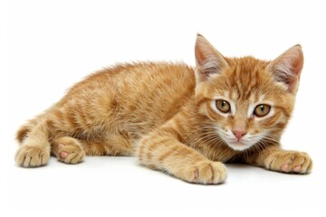 A small orange kitten is laying on a white background