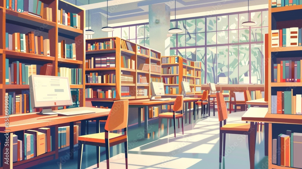 Poster a colorful illustration of a modern student library with bookshelves filled with books and rows of c