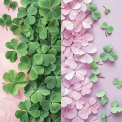 The combination of pink and green clover leaves.Minimal creative nature concept.Flat lay
