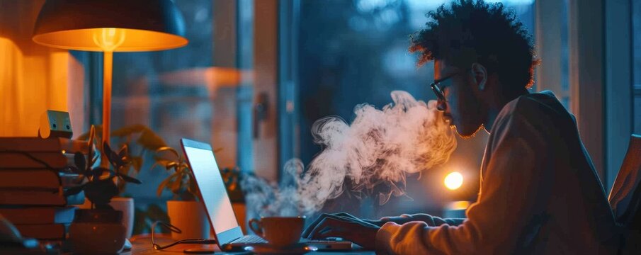A person working on a laptop late at night, surrounded by warm lighting and a cup of hot beverage, creating a cozy and focused atmosphere.