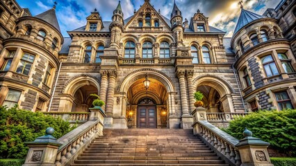 Obraz premium A majestic stone building with ornate architecture stands tall, its grand entrance and stairs leading up to a beautiful arched doorway.,hd,8k