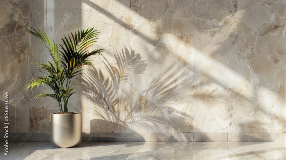 Poster a pristine marble wall with subtle textures and an extended shadow from a potted plant.