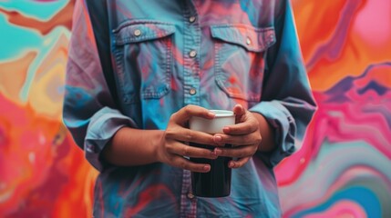 Fototapeta premium A person with rolled-up sleeves stands confidently, holding a cup, with an abstract background.