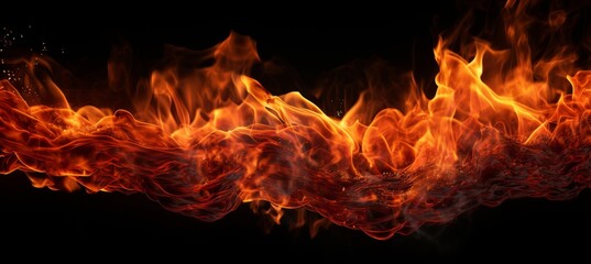Fiery Blaze on Black Background. Dynamic flames with intense orange and red hues dance across a stark black backdrop