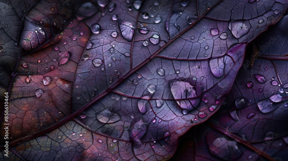 Poster close-up of leaf veins intertwined with a subtle pattern of water droplets shining.