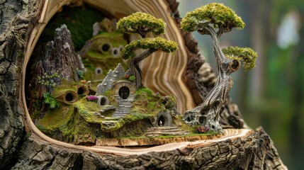 Fototapeta premium Close-up of a tree growth ring with a tiny hidden fairy village inside the rings.