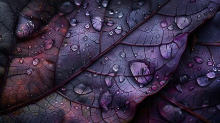 Fototapeta premium Close-up of leaf veins intertwined with a subtle pattern of water droplets shining.