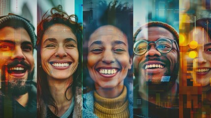 Fototapeta premium Collage of diverse people smiling, set against an abstract cityscape backdrop.