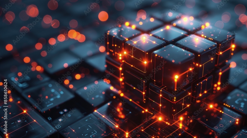 Poster futuristic digital cube with interconnected nodes, glowing with abstract circuit pathways.