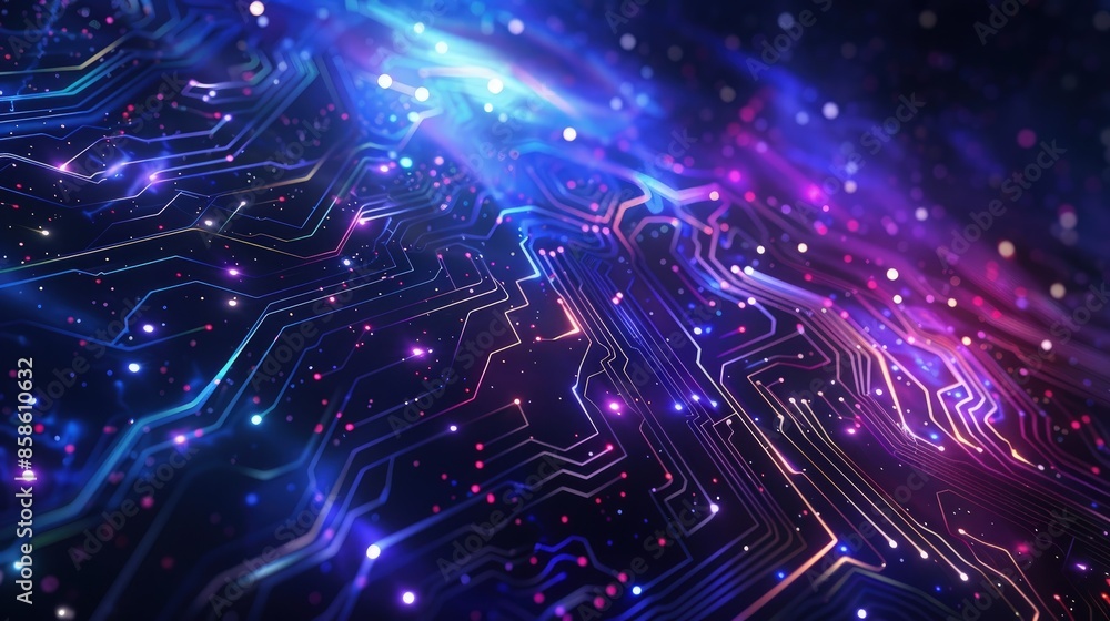 Poster futuristic circuit board lines blending into a galaxy background with glowing constellations