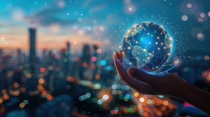 Hand holding miniature Earth with interconnected social icons, city skyline in background, add auroras in sky.