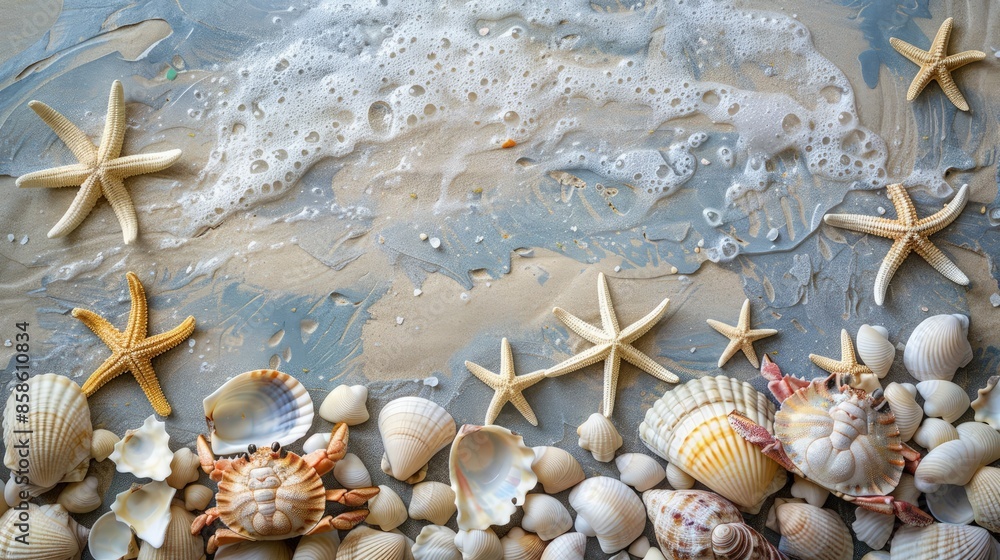 Poster seashells and starfish arranged on a beach surface. add tiny crabs to the scene.