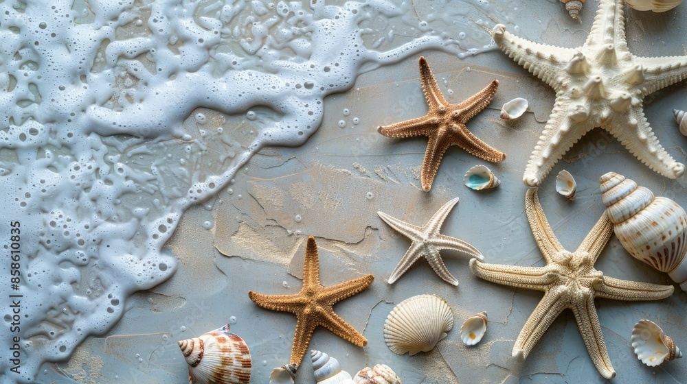 Poster seashells and starfish arranged on a beach surface. add tiny crabs to the scene.