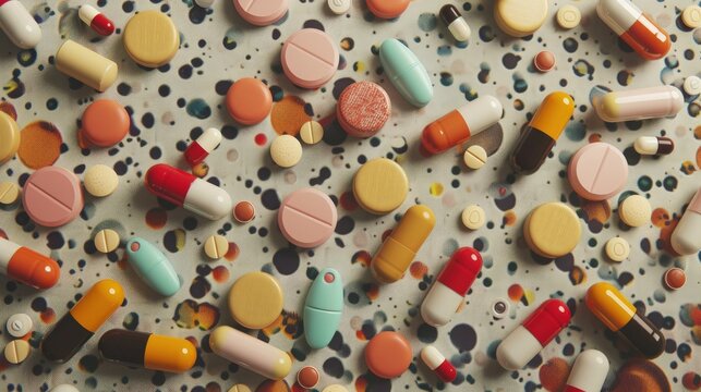 Scattered pills and tablets with random small objects on a patterned surface.