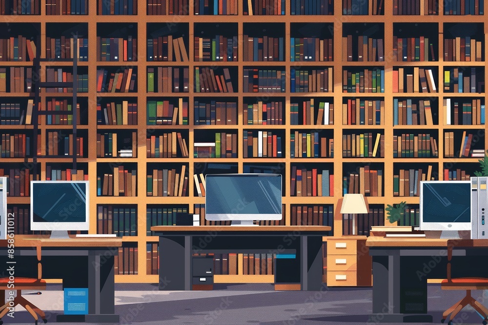 Poster a modern student library featuring bookshelves and computers. generative ai