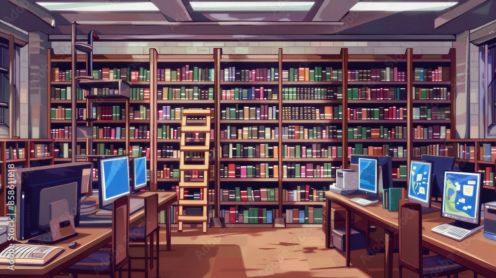 Poster an illustration of a student library with rows of bookshelves and computers for studying. generative