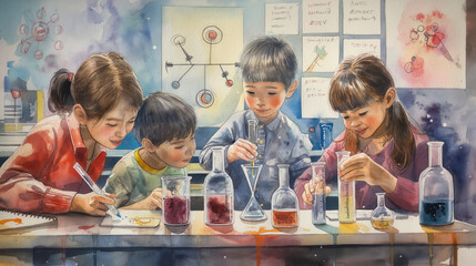 Artistic watercolor of children performing a science experiment in a lively classroom