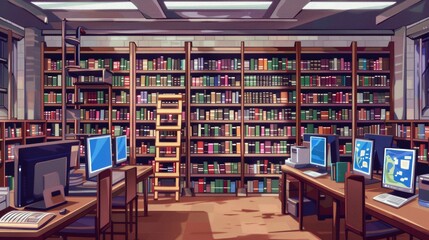An illustration of a student library with rows of bookshelves and computers for studying. Generative AI
