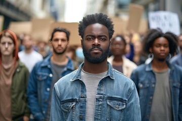 Fototapeta premium A diverse group of people in denim jackets participating in a street protest, holding signs and marching together with serious expressions.