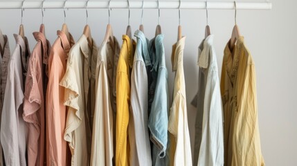 Clothing hung on a white wall after dry cleaning