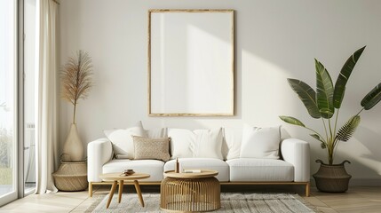 3D Render of Living Room Wall Mockup with ISO A Paper Size Frame, Modern Interior