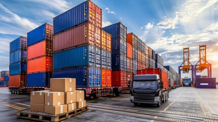 Container Yard on blue sky background and floor ground with copy space, Global Business Logistics import export goods of freight carrier, industrial port, cargo transportation industry concept