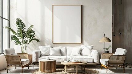 Stylish Living Room Wall Poster Mockup, ISO A Paper Size, Modern Interior Design, 3D Render