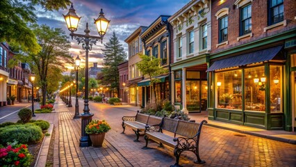 Obraz premium A serene evening scene of a quaint main street lined with old-fashioned street lamps and charming storefronts, empty benches, and ornate window displays.,hd,8k