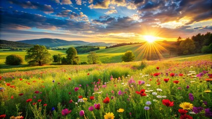 Obraz premium Serene landscape of a lush green field generously sprinkled with vibrant flowers, bathed in warm sunlight, evoking feelings of peace and tranquility.,hd,8k