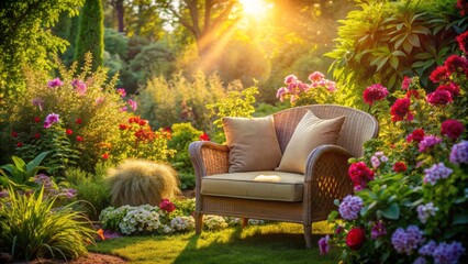 Obraz premium A serene, sun-kissed garden scene featuring a vacant, plush armchair adorned with elegant cushions, surrounded by lush greenery and vibrant flowers.,hd,8k