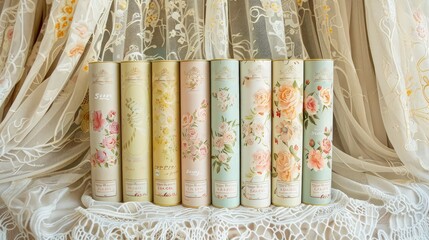 A vintage-inspired box set with floral prints and pastel colors, each containing sun cream, arranged vertically against an antique lace curtain for a romantic, old-world charm.