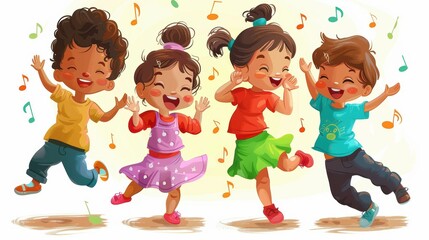Young children are depicted in lively poses as they dance and play joyfully to the music, with colorful musical notes floating around them, creating a fun scene.