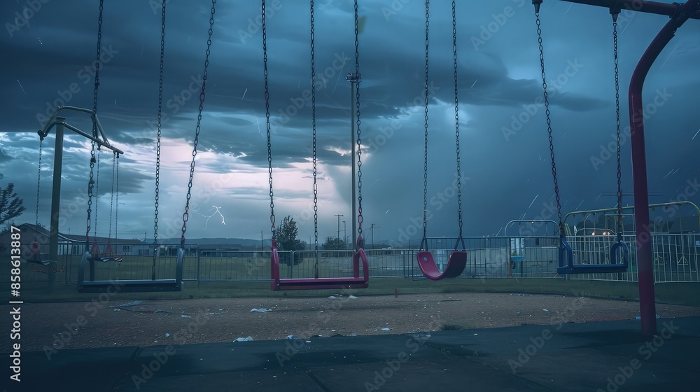 Poster an empty playground at twilight, swings moving slightly in the wind, and a distant thunderstorm appr