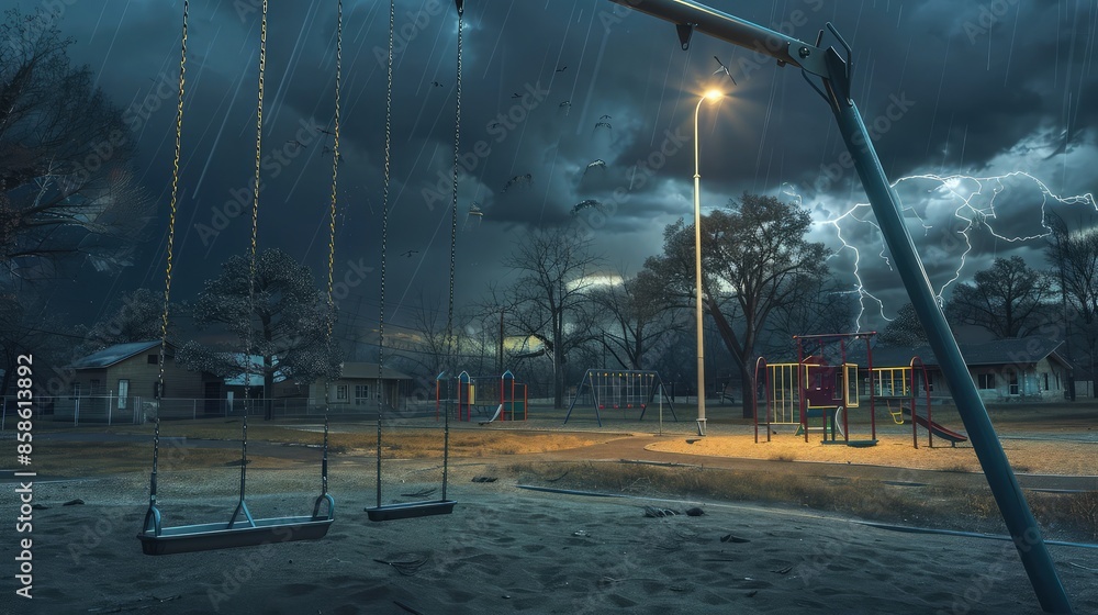 Poster an empty playground at twilight, swings moving slightly in the wind, and a distant thunderstorm appr