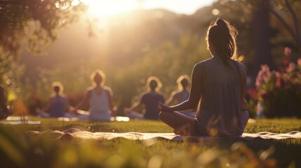 Dreamy blurs of individuals finding their flow in a peaceful outdoor yoga retreat.