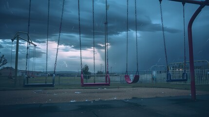 An empty playground at twilight, swings moving slightly in the wind, and a distant thunderstorm approaching, creating a suspenseful backdrop 